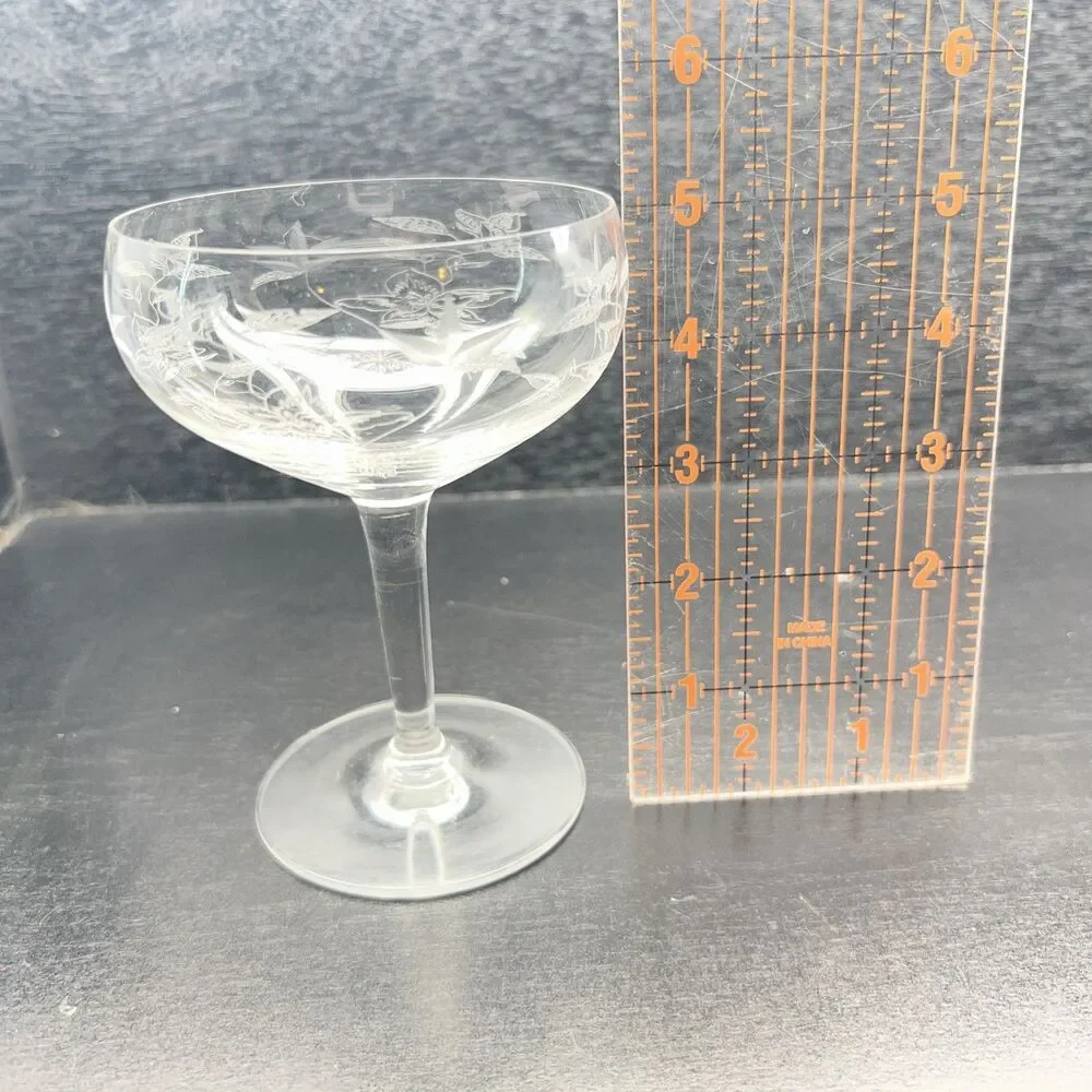Vintage Etched Champagne/ Sherbet Glasses -Valentines- Set of 2 Floral Design 5”